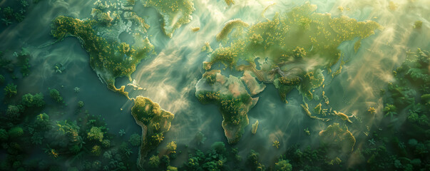 Abstract forest background with world map silhouette.