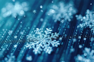 A single snowflake rests on a plain blue background, Binary code forming beautiful snowflakes on a bluish winter background, AI Generated