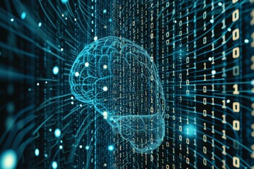 Digital Image of a Brain Surrounded by Numbers, Binary code forming the pattern of a human brain on a dark background, AI Generated