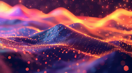 Abstract digital background. Space filled with polygons and dots. 3D wave - obrazy, fototapety, plakaty