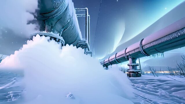 A massive pipe stands prominently in the middle of a snow-covered field, serving as an integral part of an industrial operation, Frosty industrial pipelines under the Northern Lights
