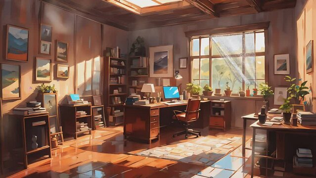 Wooden room office interior. Cartoon or anime watercolor painting illustration style. seamless looping virtual video animation background.