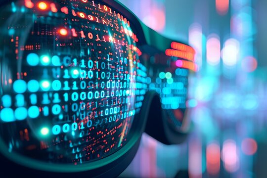 A detailed close-up of a pair of glasses featuring numbers, emphasizing the numerical markings on the lenses, Binary code reflecting on a pair of virtual reality goggles, AI Generated