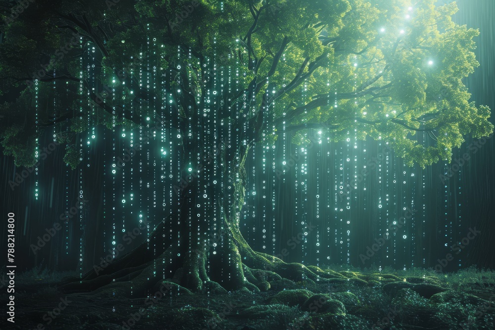 Poster a tall and sturdy tree stands prominently amidst a dense forest, surrounded by a rich and diverse ec