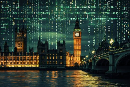 The imposing Big Ben clock tower stands tall above the bustling cityscape of London, commanding attention with its iconic presence, Binary code taking the shape of prominent landmarks, AI Generated