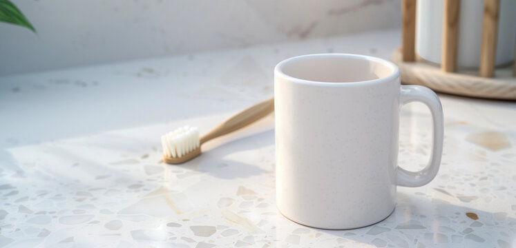 Creative white blank mug POD cup product mockup healthy toothbrush teeth dentist background empty space creative wellness oral care hygiene selfcare health cafe marketing copy space campaign