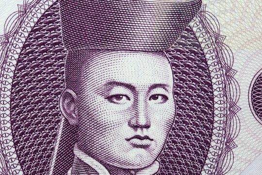 Damdin Sukhbaatar a closeup portrait from Mongolian money