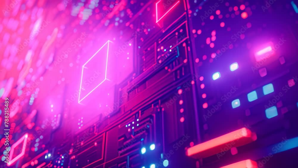 Poster a computer screen displaying vibrant neon lights in a dark environment, futuristic grid with random 