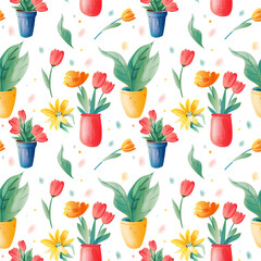 Floral and plant watercolor seamless pattern. Pink blush flowers tulips, yellow gerberas, green leaves plants in pots on white background, vector illustration. For wrappers, wallpapers, postcards