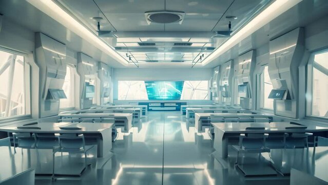 A Large Room With Multiple Tables And Benches Arranged For Gatherings And Dining Purposes, Futuristic Empty Classroom With Hi-tech Gadgets And No Students