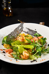 Gourmet Salmon and Shrimp Salad with Mixed Greens and Cherry Tomatoes on Elegant Plate - 788215879