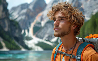 Portrait of a young male backpacker with curly blond hair, standing in front of a mountain lake and looking into the distance.