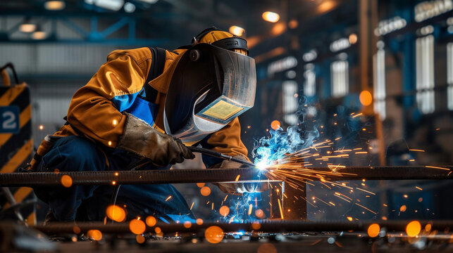 welder welds metal in factory
