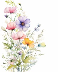 Botanical clipart border, wildflower watercolor, soft light overhead ,  high resolution