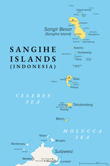 Sangihe Islands, group of islands in Indonesia, political map. Also Sangir, Sanghir or Sangi Islands, north of Sulawesi, between Celebes and Molucca Sea, with active volcanoes Mt. Awu and Mt. Ruang.