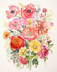 Watercolor flora abundance, detailed petals, serene garden atmosphere ,  high resolution