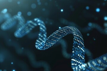 Close Up of Blue and White Structure, Binary-code themed DNA helix isolated on a dark background, AI Generated