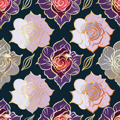 A seamless pattern with hand drawn roses on a dark background.