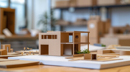 An architectural model of a modern house made of cardboard.