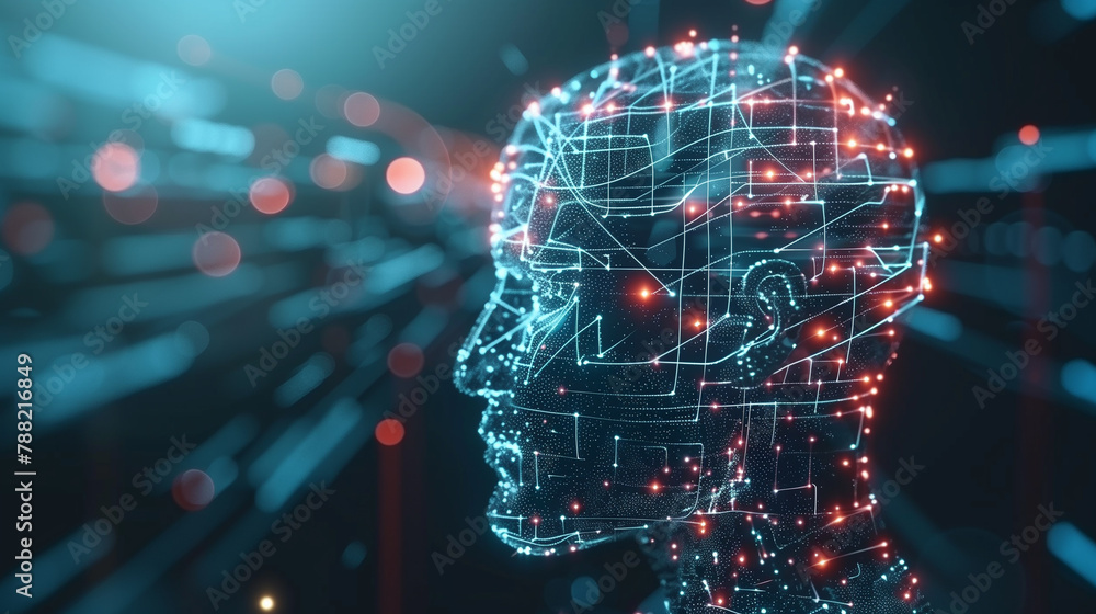 Poster a computer-generated face with a blue background. the face is surrounded by a lot of lines and dots,