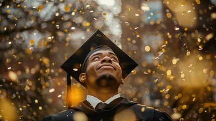Naklejka premium Joyful Graduate with Golden Confetti: A Moment of Triumph - Generative AI