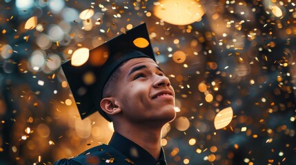 Naklejka premium Joyful Graduate with Golden Confetti: A Moment of Triumph - Generative AI