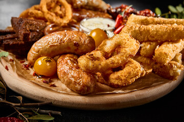 Assorted Beer Snacks Platter with Toasts, Sausage, Fried Calamari, Onion Rings, and Buffalo Wings