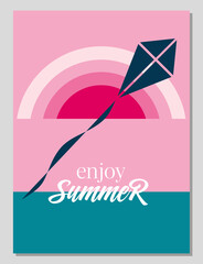 Summer mood. Hello summer. Enjoy summer. Summer card or poster concept in flat design. Stylized illustration of a kite in geometric style. Vector illustration.