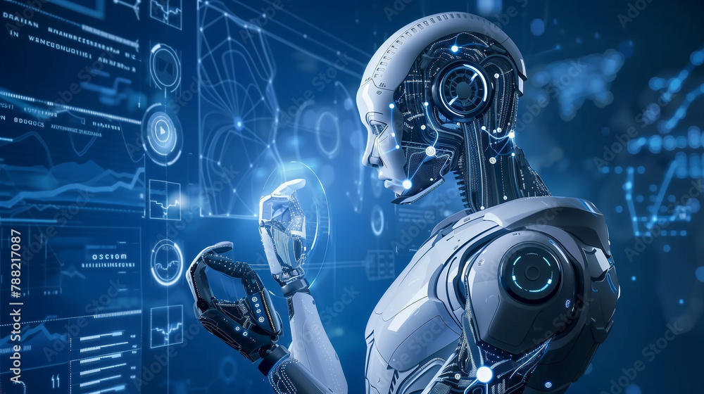 Poster a robot is holding a glowing object in its hand. the robot is surrounded by a blue background with v
