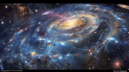 Fototapeten Blue and orange glowing spiral galaxy with stars and dust in the cosmos. © RECARTFRAME CH
