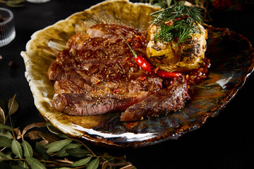 Sumptuous Ribeye Steak with Roasted Potatoes on Elegant Dish - Fine Dining Concept - 788217041