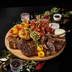 Grilled Meat Assortment on Barbecue with Vegetable Sides - Ribs, Lamb Chops, Beef, Turkey, Chicken - 788217092