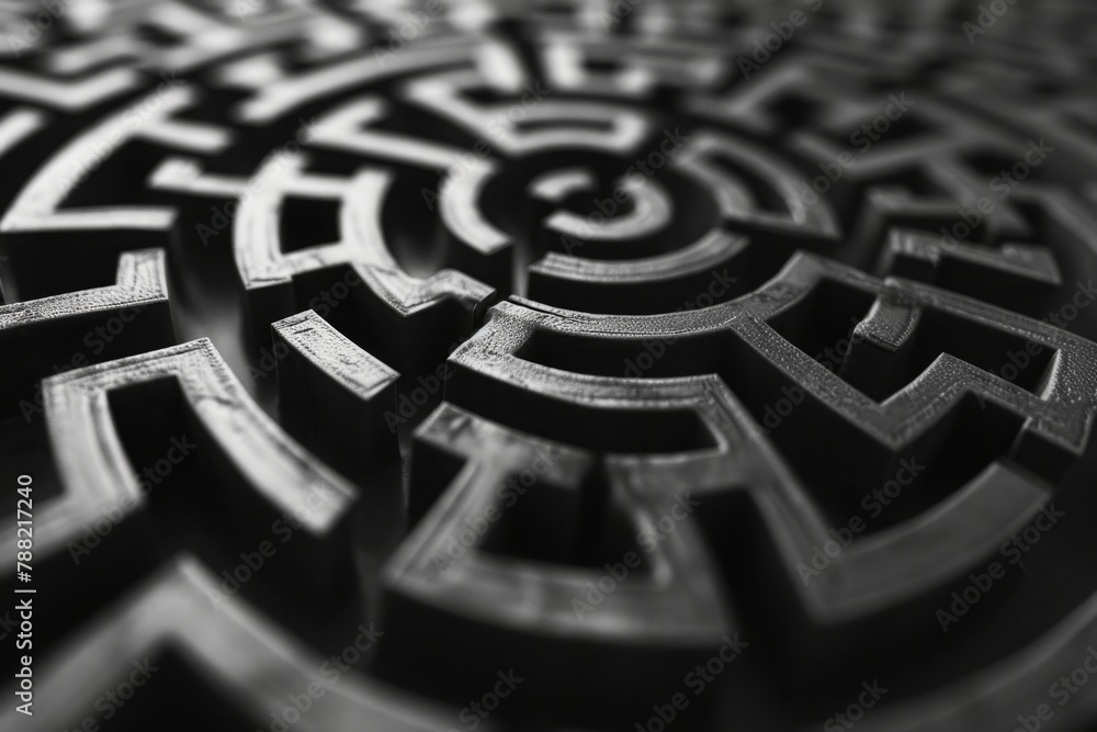 Poster a black and white photograph showcasing a circular design, bird's eye view of a maze made from binar