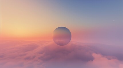 serene cosmic orb floating above tranquil clouds at sunset, with a pastel gradient of dreamy sky...