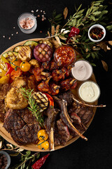 Assorted Grilled Meat and Vegetable Platter with BBQ Ribs, Lamb Chops, and Beef - 788217285