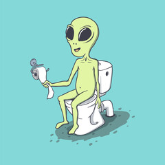 Funny alien sitting on the toilet in bathroom - 788217403