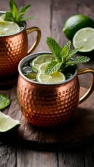 A rustic copper mug containing a zesty Moscow mule mocktail made with ginger beer, lime juice, and a sprig of fresh mint