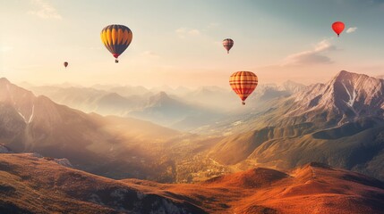 Colorful hot air balloons flying over mountains. Cartoon vector illustration.