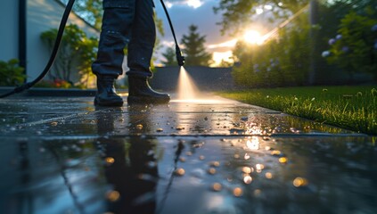 Person using pressure washer to clean walkway in front of house on a sunny day - obrazy, fototapety, plakaty