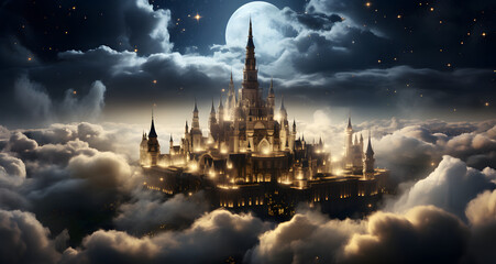 Naklejka premium a castle sitting atop a cloud filled sky with stars