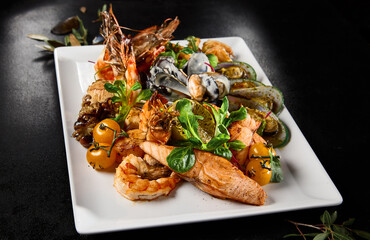 Gourmet Seafood Platter Presentation Featuring Mussels, Salmon, Shrimp, and Octopus - 788217640