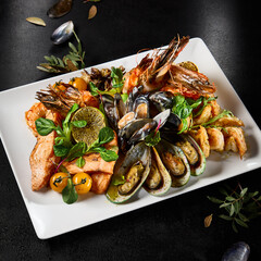 Gourmet Seafood Platter Featuring Mussels, Salmon, Shrimp, and Octopus on Elegant Dining Table - 788217671