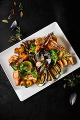 Exquisite Seafood Platter Presentation Featuring Mussels, Salmon, Shrimp, and Octopus on a Sleek Plate - 788217697