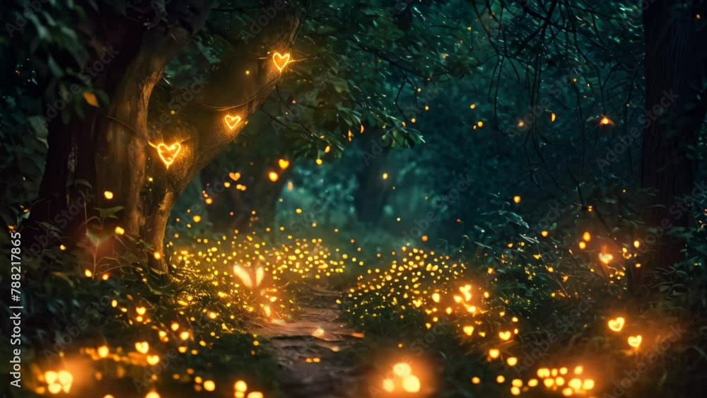 Poster a path winds through a forest, adorned with numerous string lights, creating a magical and whimsical