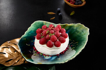 Gourmet Pavlova Dessert with Fresh Raspberries on Elegant Plate