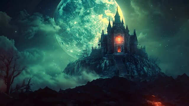 A photo of a majestic castle situated on a hill, with a full moon shining brightly in the background, Glowing haunted mansion on a hill overlooked by a full moon