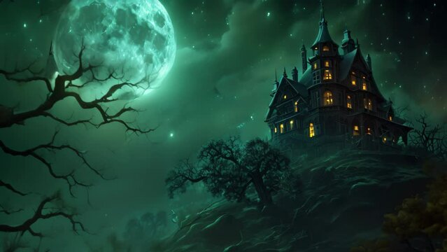 A painting depicting a house situated on a hill, with a full moon shining brightly in the background, Glowing haunted mansion on a hill overlooked by a full moon
