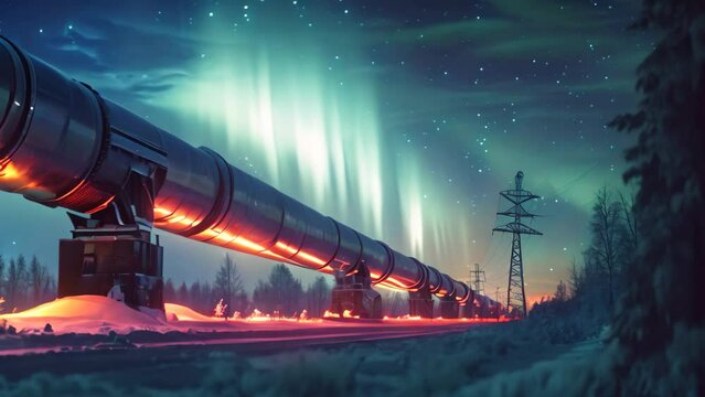 A photo showing a sizable pipe placed on top of a field covered in snow, Glowing industrial pipelines during a brilliant aurora borealis