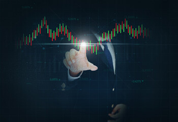 Businessman Touching the trading graph in green and red color with glowing light, dark backdrop. Business and trading concept background - obrazy, fototapety, plakaty