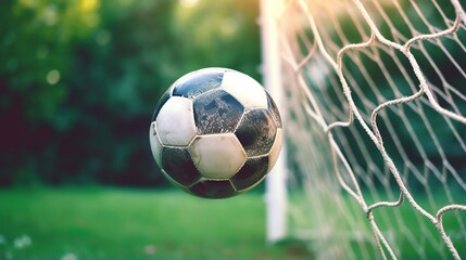 Soccer ball in goal with green background